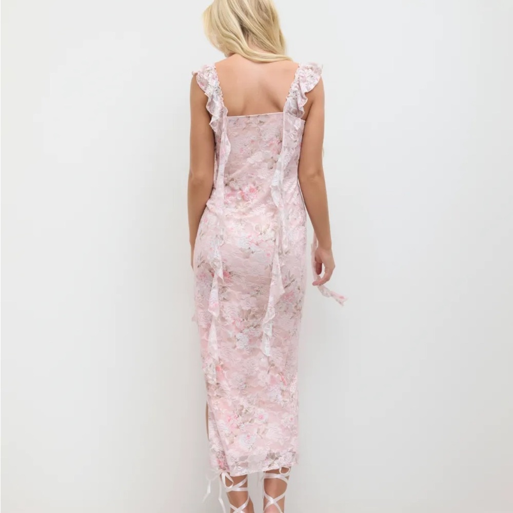 LACE FLORAL RUFFLE HEM SPLIT MAXI DRESS - Picture 7 of 7